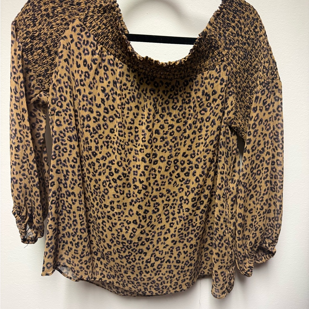 CeCe Brown Leopard Print Smocked Off-Shoulder Blouse